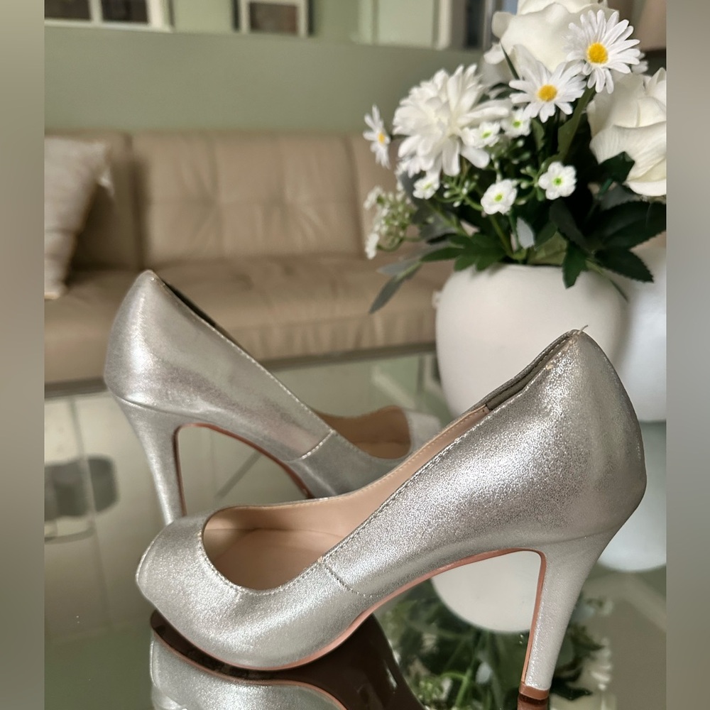 David’s Bridal Shimmer Peep-Toe Platform Pumps